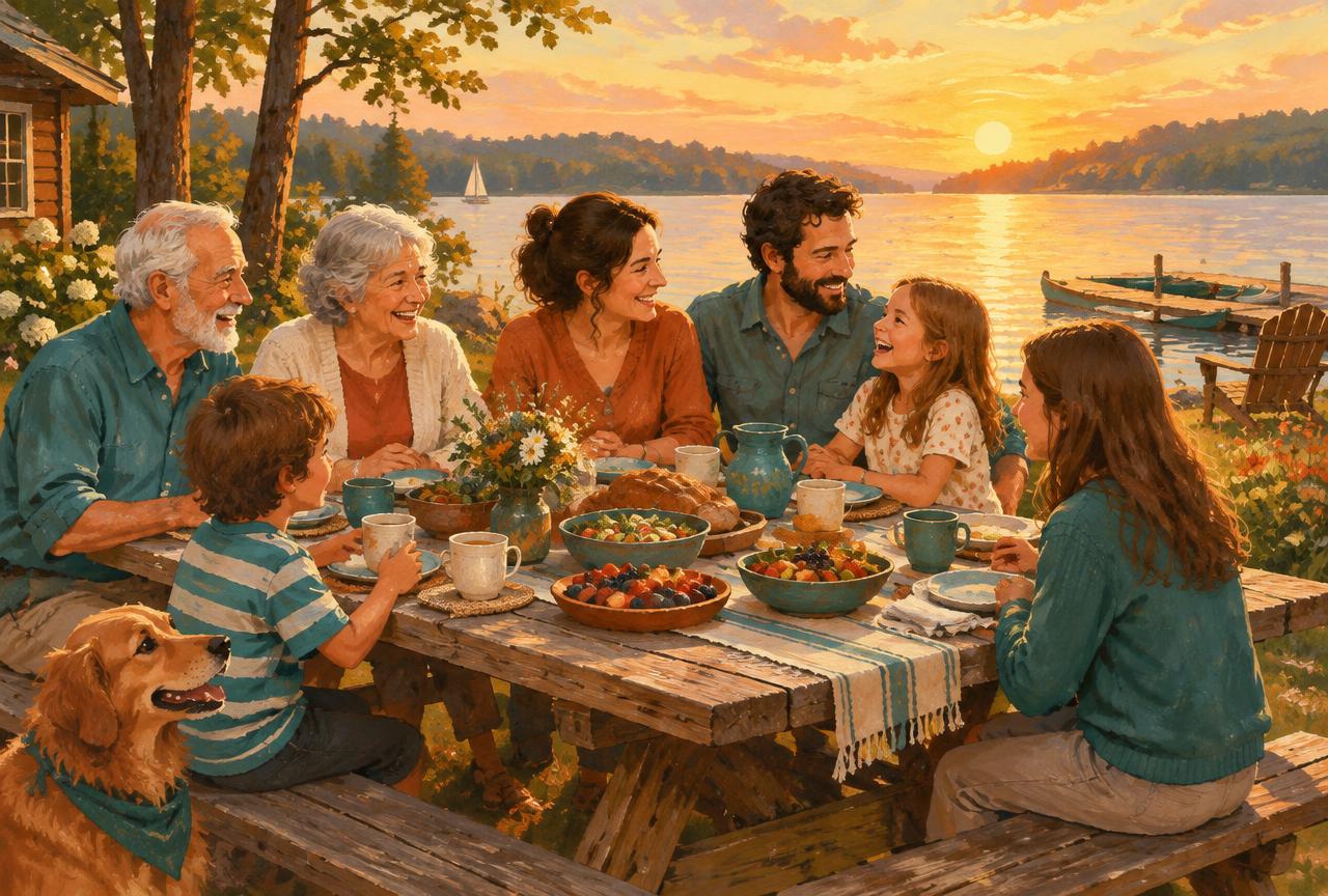 Three generations of a family sharing a meal by a lake at sunset